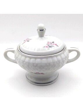 Hall China Covered Sugar Bowl Forman Family Porcelain Floral Handles USA Vintage